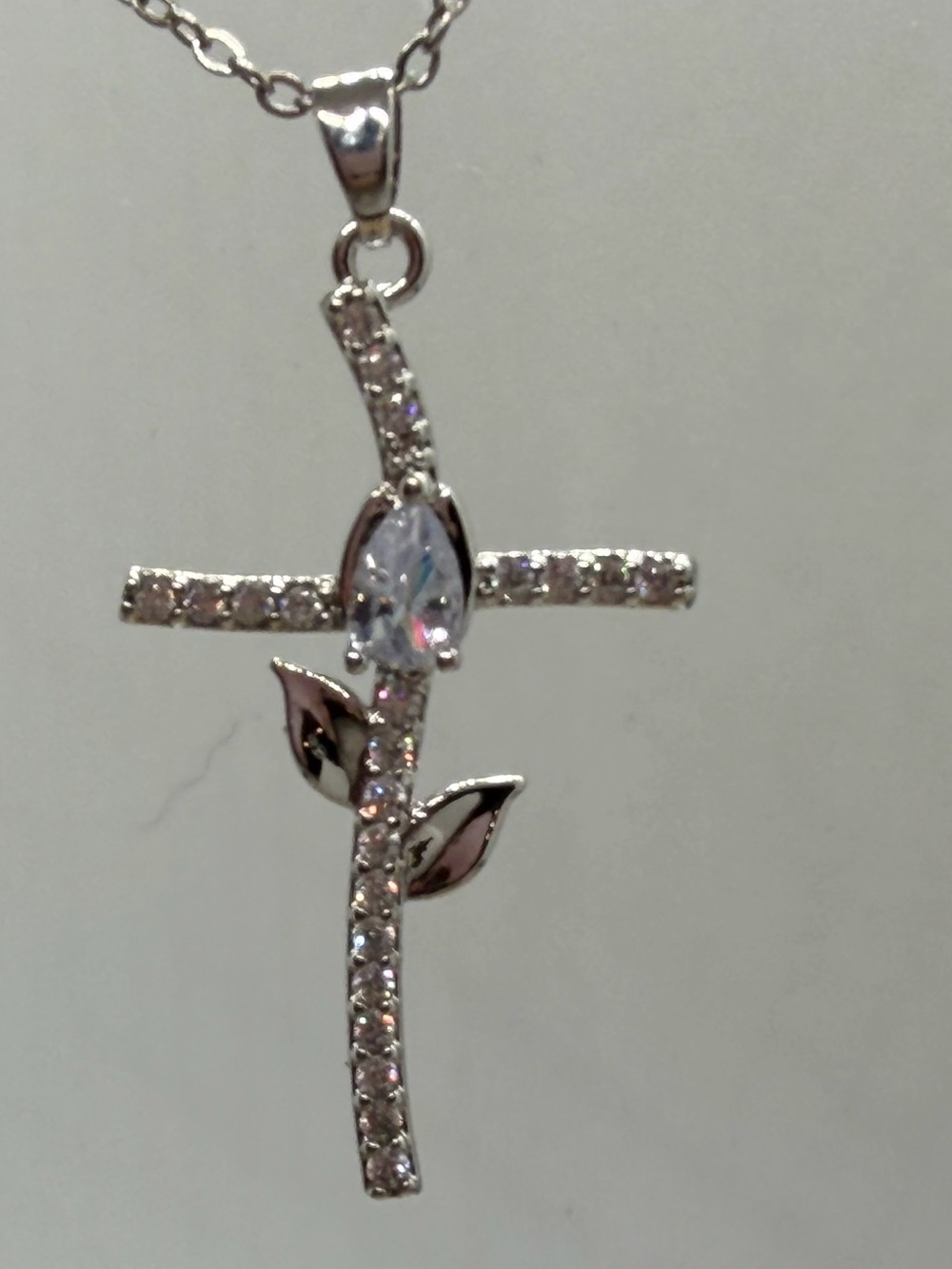 Silver-Tone Crystal Cross Pendant Necklace - Clear